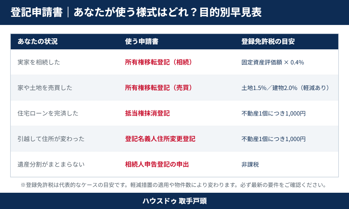 登記申請書ダウンロード｜目的別の様式早見表と登録免許税の目安｜ハウスドゥ 取手戸頭